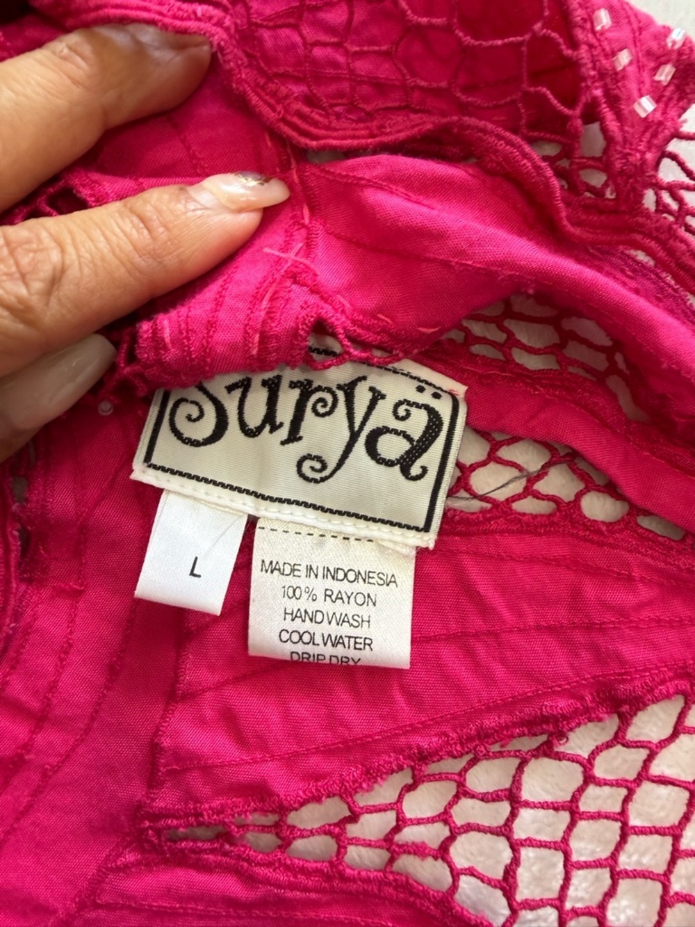 Surya Pink Beaded Sheer Floral Lace Top Boho Y2K Blouse Size L - Picture 10 of 12
